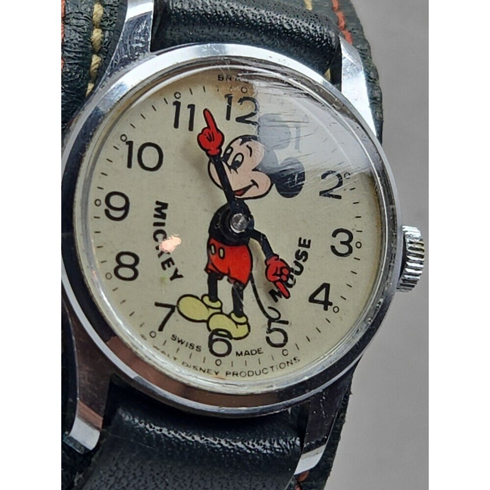 Vintage Bradley Mickey Mouse Swiss Made Walt Disney Mechanical Watch Blue Strap - Picture 4 of 14